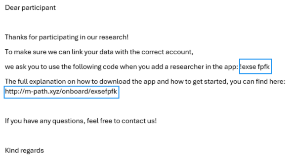 Screenshot of the example mail, now instead of <<code>> and <<link>> there is a real code and a real link from the example excel.