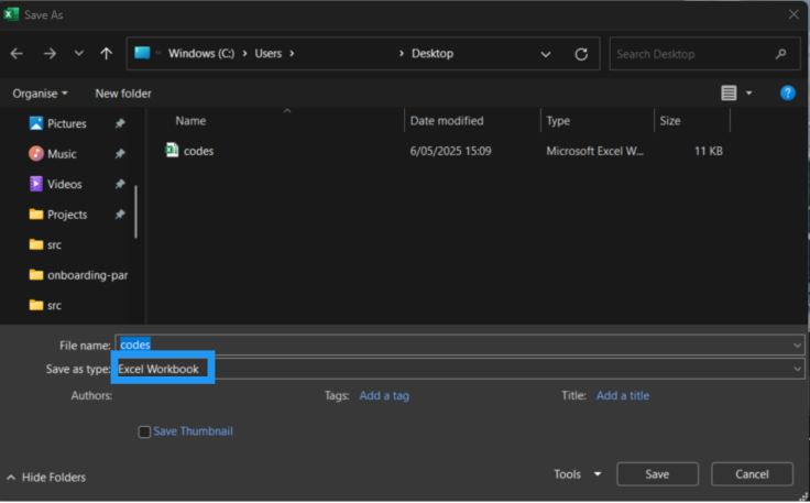 Screenshot of Windows Explorer screen. Focus is on "Save as type" which has value: "Excel Workbook".