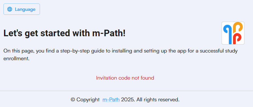 example of how the page looks like when there is an error. The error on the page says "Invitation code not found"