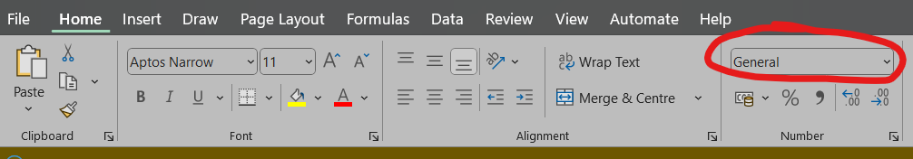 Screenshot of the Excel toolbar where "Home" tab is selected and the dropdown with "General" inside it is circled.